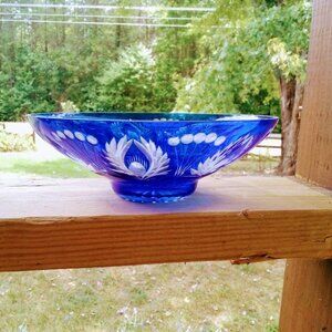 Ajka cobalt cut to clear 8 inch crystal bowl EC